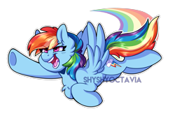 Size: 3249x2200 | Tagged: safe, artist:shyshyoctavia, character:rainbow dash, species:pegasus, species:pony, chest fluff, female, flying, mare, multicolored hair, open mouth, simple background, smiling, solo, transparent background