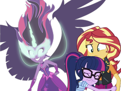 Size: 2048x1536 | Tagged: safe, artist:php77, editor:php77, character:midnight sparkle, character:sunset shimmer, character:twilight sparkle, character:twilight sparkle (scitwi), species:eqg human, g4, my little pony: equestria girls, my little pony:equestria girls, female, glasses, hug, midnight sparkle, simple background, transparent background, trio, trio female