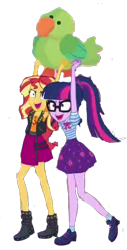 Size: 342x671 | Tagged: safe, artist:php77, editor:php77, character:sunset shimmer, character:twilight sparkle, character:twilight sparkle (scitwi), species:eqg human, equestria girls:rollercoaster of friendship, g4, my little pony: equestria girls, my little pony:equestria girls, >:d, carrying, happy, parakeet, simple background, smiling, smirk, transparent background, yay