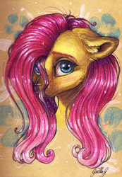 Size: 2840x4098 | Tagged: safe, artist:gaelledragons, character:fluttershy, species:pony, bust, ear fluff, female, floppy ears, looking at you, looking sideways, mare, portrait, solo, stray strand, three quarter view, traditional art