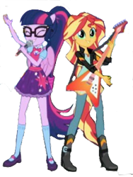Size: 266x353 | Tagged: safe, artist:php77, editor:php77, character:sunset shimmer, character:twilight sparkle, character:twilight sparkle (scitwi), species:eqg human, episode:get the show on the road, eqg summertime shorts, g4, my little pony: equestria girls, my little pony:equestria girls, ponied up, scitwilicorn, simple background, transparent background