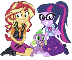 Size: 1029x851 | Tagged: safe, artist:php77, editor:php77, character:spike, character:spike (dog), character:sunset shimmer, character:twilight sparkle, character:twilight sparkle (scitwi), species:dog, species:eqg human, g4, my little pony: equestria girls, my little pony:equestria girls, boots, clothing, female, geode of empathy, geode of telekinesis, glasses, jacket, paws, ponytail, puppy, shoes, simple background, smiling, transparent background