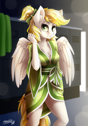 Size: 3500x5000 | Tagged: safe, alternate version, artist:sparklyon3, rcf community, oc, oc only, oc:dandelion blossom, species:anthro, species:pegasus, species:pony, clothing, commission, solo, vaguely asian robe, ych result