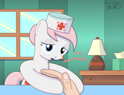 Size: 1500x1153 | Tagged: safe, artist:trackheadtherobopony, character:nurse redheart, species:human, dialogue, hand, hospital, offscreen character, pov, signature, solo focus