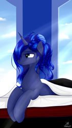 Size: 2160x3840 | Tagged: safe, artist:dashy21, character:princess luna, bed, bed mane, crepuscular rays, female, solo