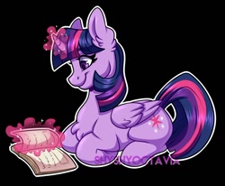 Size: 1280x1055 | Tagged: safe, artist:shyshyoctavia, character:twilight sparkle, character:twilight sparkle (alicorn), species:alicorn, species:pony, black background, book, female, glowing horn, magic, mare, reading, signature, simple background, smiling, solo, sticker, watermark