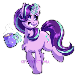 Size: 2859x2832 | Tagged: safe, artist:shyshyoctavia, character:starlight glimmer, species:pony, species:unicorn, chest fluff, coffee mug, cute, ear fluff, empathy cocoa, female, glimmerbetes, glowing horn, grin, implied trixie, magic, mare, mug, simple background, smiling, solo, transparent background, watermark