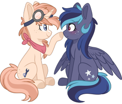 Size: 2400x2048 | Tagged: safe, artist:cinnamontee, oc, oc only, oc:nova, oc:rusty gears, species:pegasus, species:pony, species:unicorn, blushing, boop, female, goggles, high res, lesbian, mare, oc x oc, shipping, simple background, sitting, transparent background