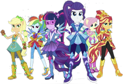 Size: 1760x1207 | Tagged: safe, artist:php77, edit, edited screencap, editor:php77, screencap, character:applejack, character:fluttershy, character:rainbow dash, character:rarity, character:sunset shimmer, character:twilight sparkle, character:twilight sparkle (scitwi), species:eqg human, episode:super squad goals, g4, my little pony: equestria girls, my little pony:equestria girls, background removed, clothing, crystal guardian, not a vector, ponied up, simple background, transparent background
