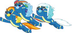 Size: 11807x5460 | Tagged: safe, artist:chrzanek97, character:fleetfoot, character:rainbow dash, character:spitfire, absurd resolution, clothing, flying, goggles, simple background, transparent background, uniform, vector, wonderbolts, wonderbolts uniform
