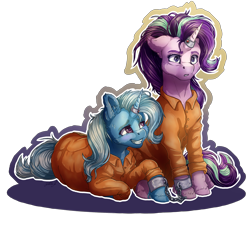 Size: 5300x4800 | Tagged: safe, artist:gaelledragons, character:starlight glimmer, character:trixie, species:pony, species:unicorn, absurd resolution, chains, clothing, commission, eye twitch, magic suppression, never doubt rainbowdash69's involvement, prison outfit, prisoner, shackles, simple background, sitting, transparent background, uniform
