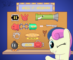 Size: 2306x1875 | Tagged: safe, artist:trackheadtherobopony, character:bon bon, character:sweetie drops, baguette, bob-omb, boxing glove, brass knuckles, bread, chainsaw, contra, female, food, gun, handgun, heavy machine gun, looking at you, metal slug, one eye closed, revolver, rocket launcher, slingshot, solo, spread gun, super mario bros., wall, weapon, wink