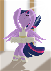 Size: 1240x1709 | Tagged: safe, artist:eagle1division, character:twilight sparkle, character:twilight sparkle (alicorn), species:alicorn, species:pony, :3, ballerina, bipedal, clothing, dancing, dress, eyes closed, female, majestic, mare, ponified animal photo, raised hoof, smiling, solo, spread wings, tutu, twilarina, windswept mane, windswept tail, wings