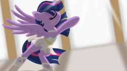 Size: 2844x1600 | Tagged: safe, alternate version, artist:eagle1division, character:twilight sparkle, character:twilight sparkle (alicorn), species:alicorn, species:pony, ballerina, bipedal, clothing, crepuscular rays, cropped, dancing, dress, eyes closed, eyeshadow, female, leotard, makeup, mare, raised hoof, smiling, solo, spread wings, tutu, twilarina, windswept mane, windswept tail, wings