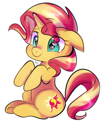 Size: 815x994 | Tagged: safe, artist:haden-2375, character:sunset shimmer, species:pony, species:unicorn, cute, eye clipping through hair, female, floppy ears, mare, shimmerbetes, sitting, smiling, solo