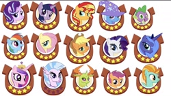 Size: 2048x1155 | Tagged: safe, artist:php77, editor:php77, gameloft, character:applejack, character:fluttershy, character:lightning dust, character:princess cadance, character:princess luna, character:rainbow dash, character:rarity, character:scootaloo, character:silverstream, character:spike, character:starlight glimmer, character:sunset shimmer, character:thorax, character:trixie, character:twilight sparkle, species:alicorn, species:changeling, species:classical hippogriff, species:dragon, species:earth pony, species:hippogriff, species:pegasus, species:pony, species:reformed changeling, species:unicorn, cape, cardboard twilight, clothing, female, filly, hat, male, mare, one of these things is not like the others, s1 luna, stock vector, trixie's cape, trixie's hat