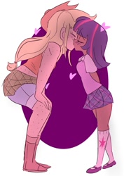 Size: 905x1280 | Tagged: safe, artist:drawbauchery, character:applejack, character:twilight sparkle, species:human, ship:twijack, blushing, boots, clothing, cowboy hat, dark skin, eyes closed, female, freckles, hat, heart, height difference, humanized, kissing, lesbian, not lolicon, shipping, shoes, simple background, size difference, skirt, stetson