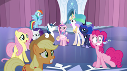 Size: 1280x720 | Tagged: safe, artist:chrzanek97, edit, edited screencap, editor:slayerbvc, screencap, character:applejack, character:fluttershy, character:pinkie pie, character:princess cadance, character:princess celestia, character:princess flurry heart, character:princess luna, character:rainbow dash, character:rarity, character:shining armor, character:twilight sparkle, character:twilight sparkle (alicorn), species:alicorn, species:earth pony, species:pegasus, species:pony, species:unicorn, episode:the crystalling, g4, my little pony: friendship is magic, accessory-less edit, alicorn tetrarchy, alicorn triarchy, baby, baby pony, barehoof, diaper, ethereal mane, female, filly, floppy ears, foal, holding a pony, male, mane five, mare, missing accessory, panic, royal family, stallion, surprised, vector, vector edit, wide eyes, worried