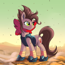 Size: 1280x1280 | Tagged: safe, artist:ask-colorsound, oc, oc:choco mocca, species:earth pony, species:pony, fallout equestria, clothing, cutie mark, female, green eyes, mare, ribbon, solo, wasteland