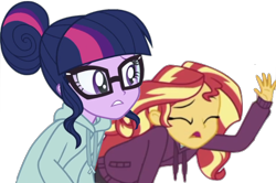Size: 1646x1096 | Tagged: safe, artist:php77, editor:php77, character:sunset shimmer, character:twilight sparkle, character:twilight sparkle (scitwi), species:eqg human, episode:stressed in show, g4, my little pony: equestria girls, my little pony:equestria girls, background removed, simple background, stressed in show: rainbow dash, transparent background