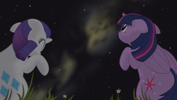 Size: 3840x2160 | Tagged: safe, artist:eagle1division, character:rarity, character:twilight sparkle, character:twilight sparkle (alicorn), species:alicorn, species:pony, species:unicorn, fanfic:tapestry: a world apart, a world apart, duo, fanfic art, female, floppy ears, grass, laughing, looking up, mare, night, night sky, perspective, sky, stargazing, stars