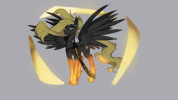 Size: 1920x1080 | Tagged: safe, artist:nsilverdraws, oc, oc only, oc:veen sundown, species:pegasus, species:pony, blonde, colored pupils, conquest, ear piercing, earring, female, flowing mane, flowing tail, four horsemen of the apocalypse, four wings, frown, glow, glowing hooves, gray background, hoof fluff, horse, jewelry, leg fluff, lidded eyes, looking at you, magic, majestic, makeup, mare, piercing, scabbard, simple background, solo, spread wings, sundown clan, sword, weapon, white eyes, wind, wings