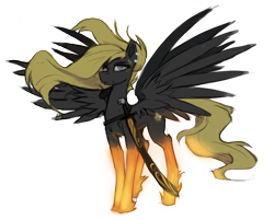 Size: 1160x931 | Tagged: safe, artist:nsilverdraws, edit, oc, oc only, oc:veen sundown, species:pegasus, species:pony, background removed, blonde, colored pupils, conquest, ear piercing, earring, female, flowing mane, flowing tail, four horsemen of the apocalypse, four wings, frown, glow, glowing hooves, hoof fluff, horse, jewelry, leg fluff, lidded eyes, looking at you, majestic, makeup, mare, piercing, scabbard, simple background, spread wings, sundown clan, sword, transparent background, weapon, white eyes, wind, wings