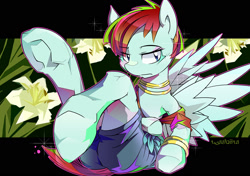 Size: 1600x1129 | Tagged: safe, artist:tyuubatu, character:valley glamour, species:pegasus, species:pony, bracelet, clothing, female, flower, jewelry, mare, necklace, sitting, solo