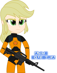 Size: 627x814 | Tagged: safe, artist:anime-equestria, character:applejack, my little pony:equestria girls, assault rifle, blonde, crossover, female, green eyes, gun, half-life, hatless, hero, heroine, hev suit, missing accessory, rifle, serious, serious face, solo, weapon