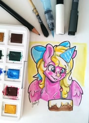 Size: 2052x2841 | Tagged: safe, artist:gaelledragons, oc, oc only, oc:bay breeze, species:pegasus, species:pony, birthday, cake, clothing, cute, food, happy birthday, hat, party hat, traditional art, watercolor painting