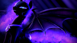 Size: 2560x1440 | Tagged: safe, artist:argodaemon, character:nightmare moon, character:princess luna, species:alicorn, species:bat pony, species:pony, g4, 3d, bat pony alicorn, bat wings, ethereal mane, female, looking at you, mare, profile, solo, source filmmaker, spread wings, wing claws, wings