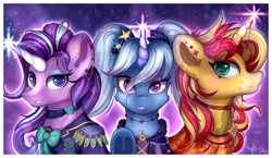 Size: 3900x2259 | Tagged: safe, artist:gaelledragons, artist:ilynalta, character:starlight glimmer, character:sunset shimmer, character:trixie, species:pony, species:unicorn, alternate hairstyle, collaboration, counterparts, female, high res, horn ring, magic, magical trio, mare, trio, twilight's counterparts