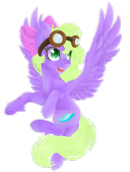 Size: 778x1028 | Tagged: safe, artist:ether-akari, artist:gaelledragons, oc, oc only, oc:lydria, species:pegasus, species:pony, bow, collaboration, cute, female, flying, goggles, simple background, smiling, solo, transparent background