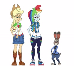 Size: 2481x2321 | Tagged: safe, artist:hunterxcolleen, character:applejack, character:rainbow dash, g4, my little pony: equestria girls, my little pony:equestria girls, animaniacs, crossover, dancing, judy hopps, macarena, parody, zootopia