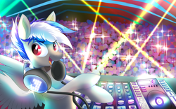 Size: 3200x2000 | Tagged: safe, artist:ask-colorsound, oc, oc only, oc:bassy, species:pegasus, species:pony, bust, crowd, disk jockey, headphones, looking at you, male, mixing console, music, open mouth, smiling, solo, spread wings, stallion, wings