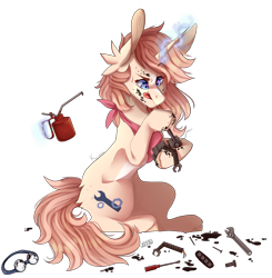 Size: 2874x2928 | Tagged: safe, artist:skimea, oc, oc:rusty gears, species:pony, species:unicorn, dexterous hooves, female, goggles, grease, machine, magic, mare, oilcan, simple background, solo, transparent background