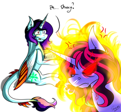 Size: 2000x1849 | Tagged: safe, artist:shamy-crist, oc, oc only, oc:shamy, oc:sunny crist, species:dracony, species:pony, species:unicorn, anger magic, angry, anti-hero, book, evil, evil grin, female, fire, glowing eyes, grin, hybrid, magic, mare, sitting, smiling, villainess, villian