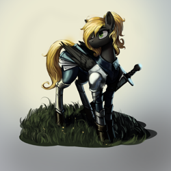 Size: 1600x1600 | Tagged: safe, artist:nsilverdraws, oc, oc only, oc:veen sundown, species:pegasus, species:pony, armor, armor skirt, blonde, clothing, detailed, female, grass, green eyes, horse, leather, majestic, mare, pretty, scabbard, shading, simple background, skirt, solo, standing, steel, sundown clan, sword, weapon
