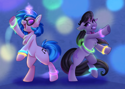 Size: 4092x2893 | Tagged: safe, artist:shyshyoctavia, character:dj pon-3, character:octavia melody, character:vinyl scratch, species:earth pony, species:pony, species:unicorn, dancing, digital art, duo, female, glowing horn, high res, mare, rave, signature