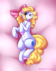 Size: 1587x2000 | Tagged: safe, artist:shyshyoctavia, oc, oc only, oc:treble spirit, species:earth pony, species:pony, bed, blonde, blonde hair, body pillow, bow, chest fluff, clothing, commission, digital art, ear fluff, eye clipping through hair, female, freckles, grin, hair bow, looking at you, lying down, mare, shoes, signature, smiling, solo, yellow hair, yellow mane, yellow tail