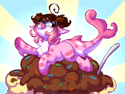 Size: 4000x3000 | Tagged: safe, artist:shyshyoctavia, oc, oc only, species:pony, abstract background, cherry, chest fluff, chocolate, digital art, female, food, hairband, high res, ice cream, mare, original species, shark pony, signature, solo, spoon, sprinkles, sunburst background, tiger shark pony, tongue out