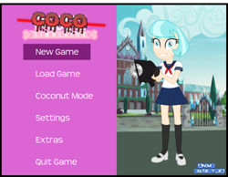 Size: 1952x1513 | Tagged: safe, artist:anime-equestria, character:coco pommel, my little pony:equestria girls, buzzsaw, circular saw, clothing, coco yandere, crystal prep academy, female, game, mary janes, menu, menu screen, miniskirt, pleated skirt, sailor uniform, school uniform, schoolgirl, shoes, skirt, smiling, socks, solo, video game, yandere, yandere simulator, yandere-chan