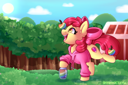 Size: 3543x2362 | Tagged: safe, artist:shyshyoctavia, character:apple bloom, species:earth pony, species:pony, adorabloom, apple, balancing, barn, clothing, cute, digital art, female, filly, food, grass, happy, high res, jam, open mouth, ponies balancing stuff on their nose, profile, scenery, signature, smiling, solo, sweater, zap apple, zap apple jam