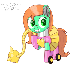 Size: 1989x1801 | Tagged: safe, artist:trackheadtherobopony, oc, oc only, oc:goldheart, species:pony, cute, mace, ocbetes, robot, robot pony, signature, simple background, solo, transparent background, weapon