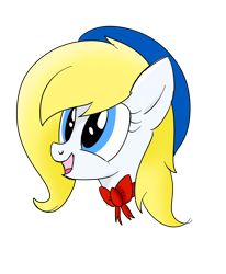 Size: 1400x1700 | Tagged: safe, artist:shyshyoctavia, oc, oc only, oc:treble spirit, species:earth pony, species:pony, blonde, blonde hair, blue eyes, bow, bust, clothing, female, gift art, happy, hat, mare, open mouth, sailor hat, simple background, solo, transparent background, yellow hair, yellow mane