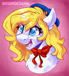 Size: 1729x1905 | Tagged: safe, artist:shyshyoctavia, oc, oc only, oc:treble spirit, species:earth pony, species:pony, abstract background, blonde, blonde hair, blue eyes, bow, bust, chest fluff, clothing, ear fluff, eye clipping through hair, female, happy, hat, heart eyes, mare, open mouth, redraw, solo, wingding eyes, yellow hair, yellow mane, yellow tail