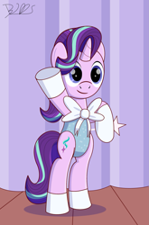 Size: 1537x2330 | Tagged: safe, artist:trackheadtherobopony, character:starlight glimmer, species:pony, species:unicorn, bipedal, bow, clothing, cute, female, glimmerbetes, leotard, signature, solo, standing up, wand