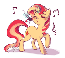 Size: 900x800 | Tagged: dead source, safe, artist:haden-2375, character:sunset shimmer, species:pony, species:unicorn, cute, eyes closed, female, glowing horn, magic, magic aura, mare, microphone, shimmerbetes, simple background, singing, solo, telekinesis, white background