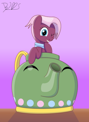 Size: 1454x2000 | Tagged: safe, artist:trackheadtherobopony, character:jasmine leaf, species:earth pony, species:pony, g4, clothing, female, jasminebetes, looking at you, scarf, signature, smiling, solo, teapot, tiny, tiny ponies