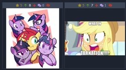 Size: 490x272 | Tagged: safe, artist:rvceric, edit, edited screencap, screencap, character:applejack, character:sunset shimmer, character:twilight sparkle, character:twilight sparkle (scitwi), species:eqg human, species:pony, derpibooru, equestria girls:rollercoaster of friendship, g4, my little pony: equestria girls, my little pony:equestria girls, clone, equestria girls ponified, glasses, juxtaposition, juxtaposition win, meme, meta, ponidox, ponified, self ponidox, sunset gets all the twilights, what in tarnation